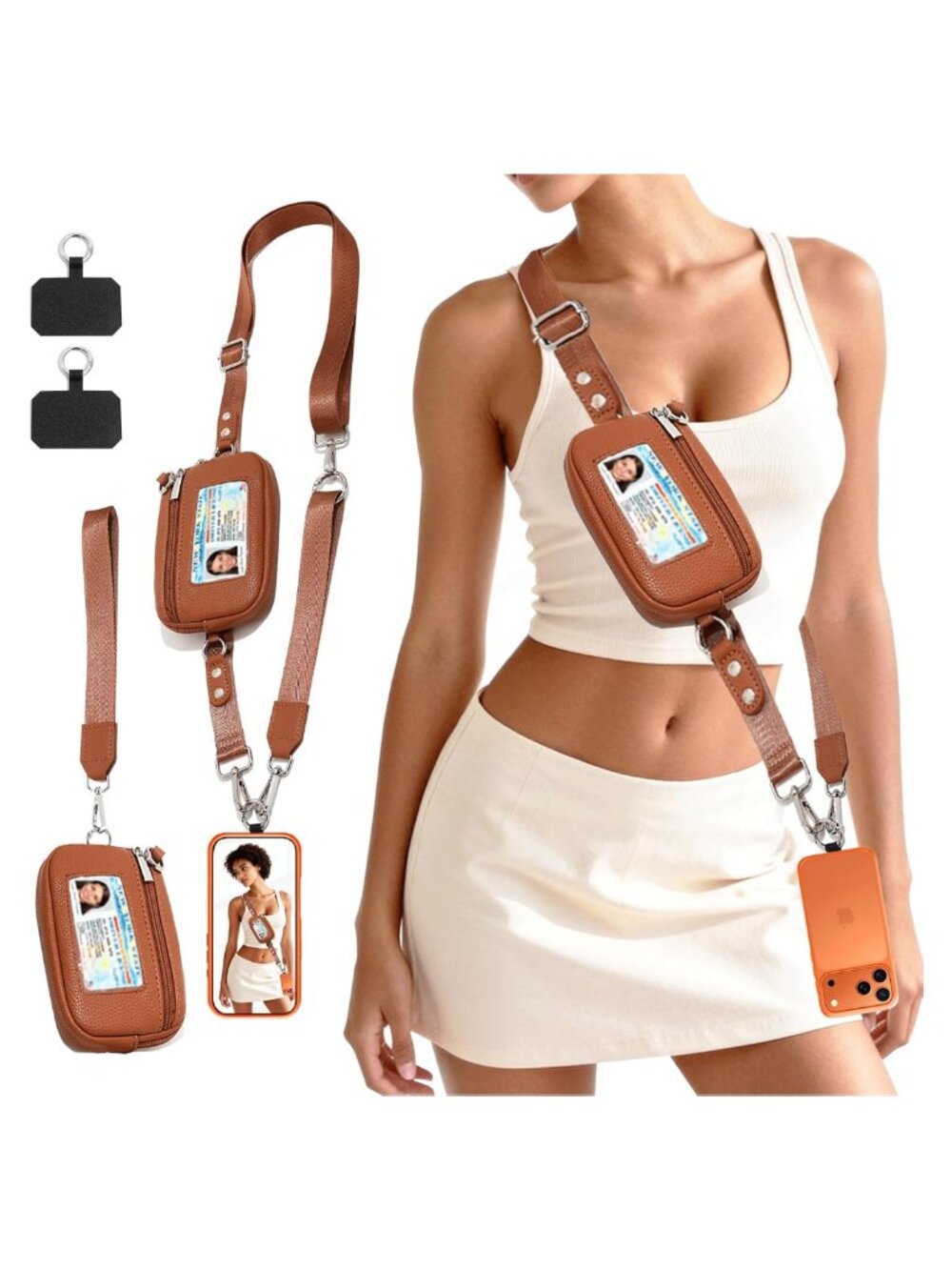Phone Lanyard Crossbody Wallet with Wristlet, Adjustable Strap, Leather &
